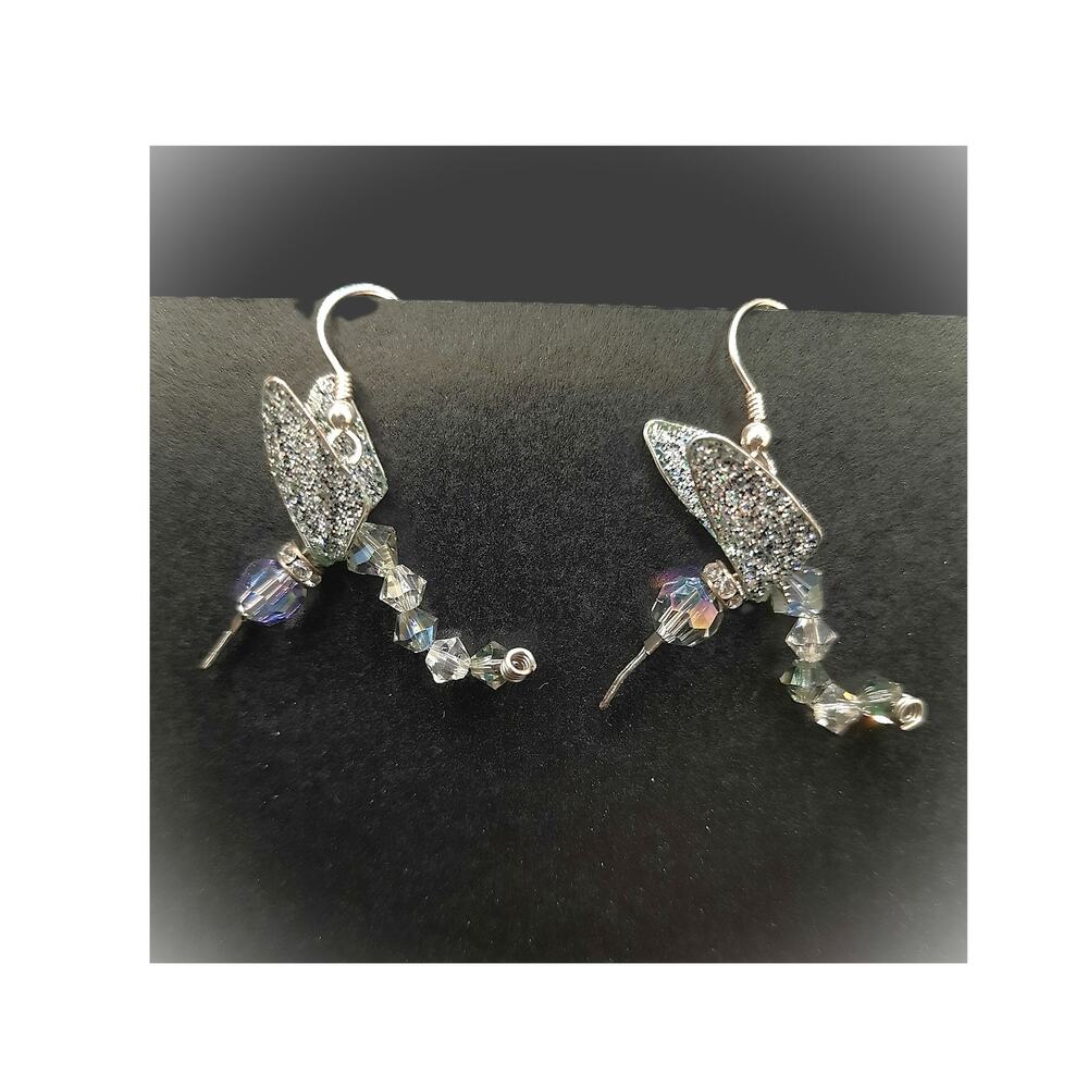 Artisan Whimsical Winged Hummingbird Earrings Crystal Beaded Bodies Blingy RARE